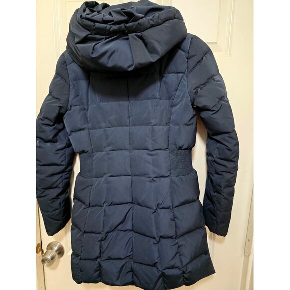 Cole Haan Women's PXS Navy Quilted Long Puffer Coat Detachable Hood Gold Elastic - Picture 3 of 8